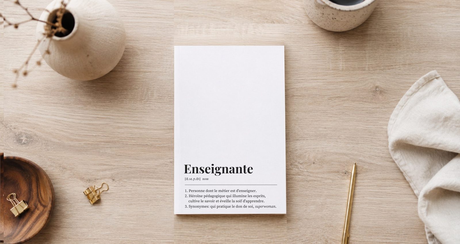 Cahier-cadeau Solta Books fermé sur une table en bois, avec une tasse et un stylo