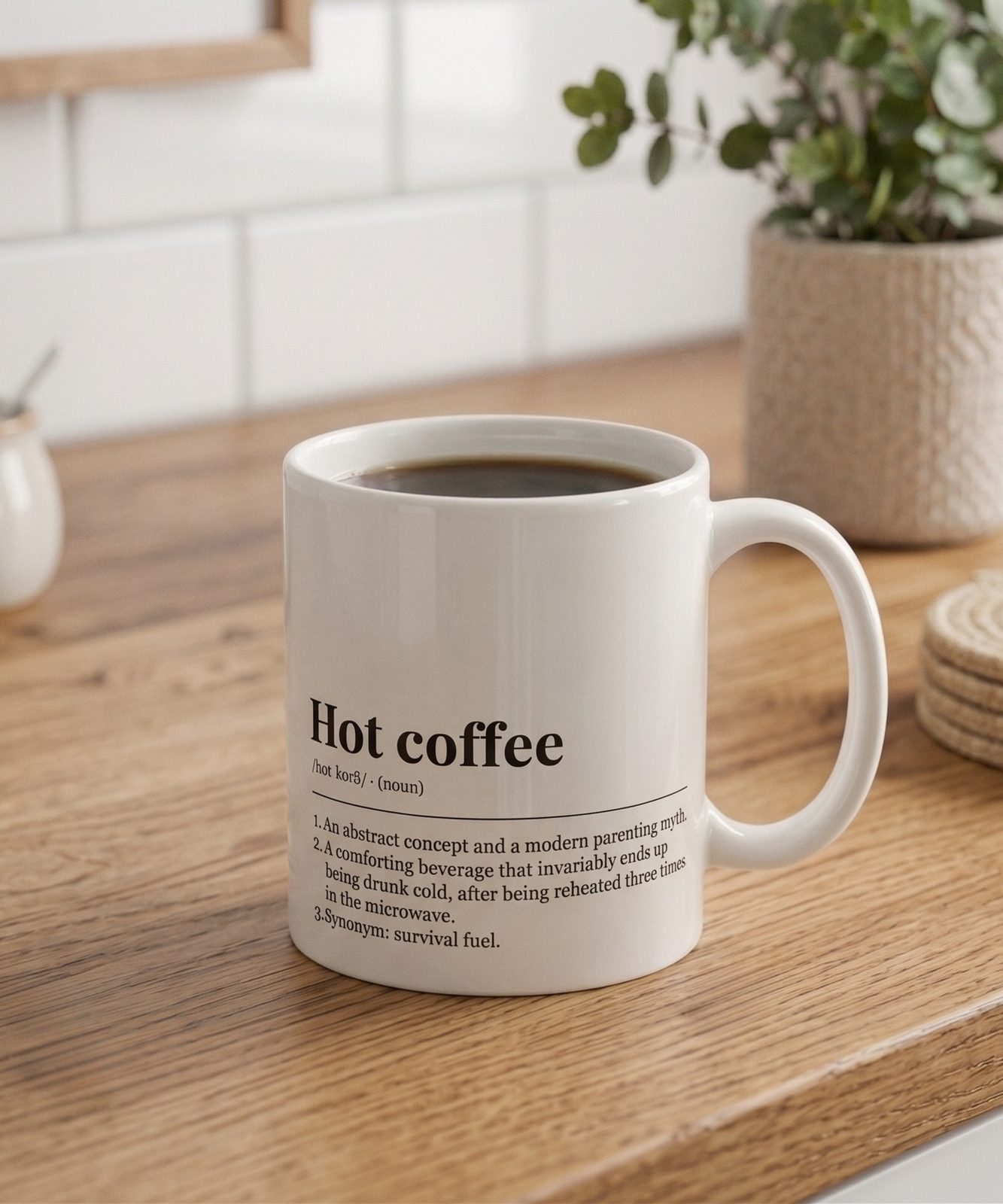 The Hot Coffee Mug by Solta Studio on a kitchen counter